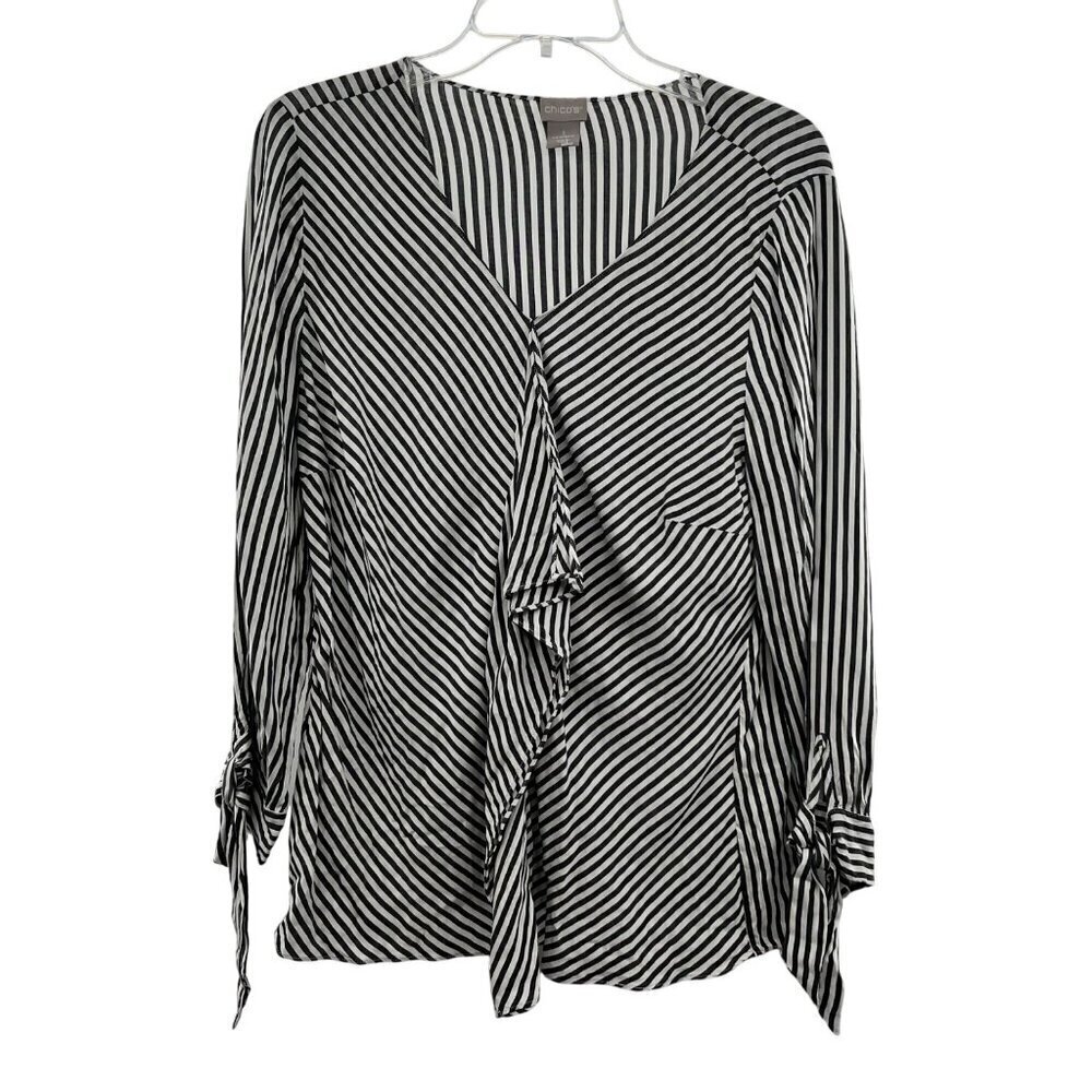 Chico's Women's Long Tie Sleeve Striped Top Gray/White Ruffle Size Medium
